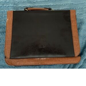 BELLEROSE BRIEFCASE MULTI-POCKET PURSE BAG BLACK & BROWN 13" X 10"